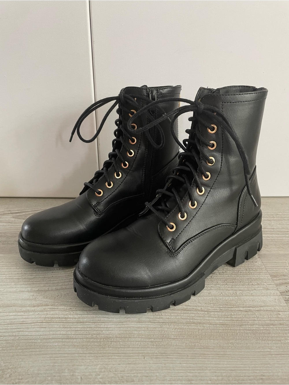 Women's Black Lace-Up Combat Boots with Gold accent&Gold zippers-size 9-Like New
